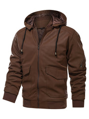 Men's Faux Leather Motorcycle Jacket Stand Collar with Hood