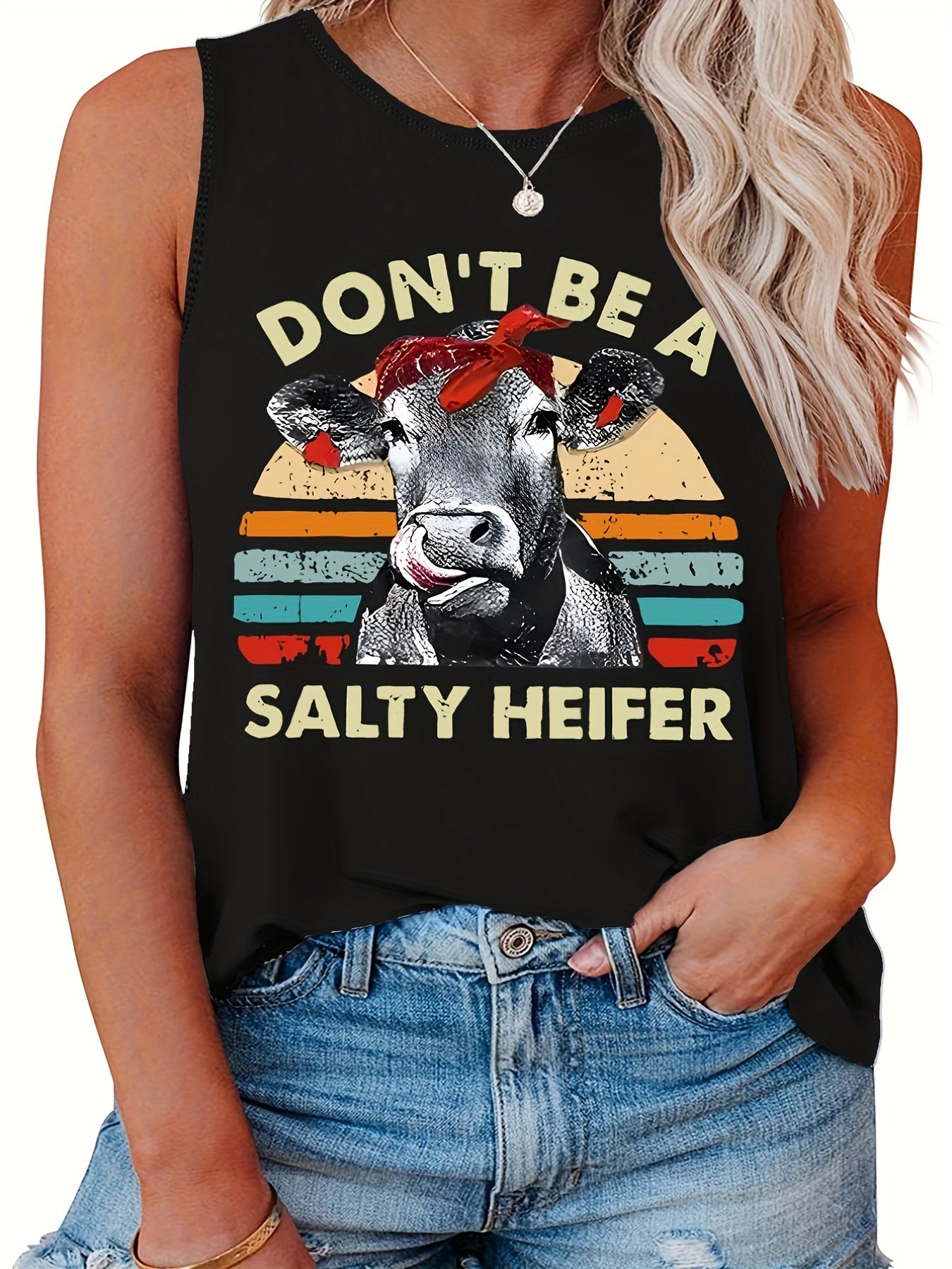  Retro Tank Top Women's Plus Bull & Letter Print Round Neck Tank Top
