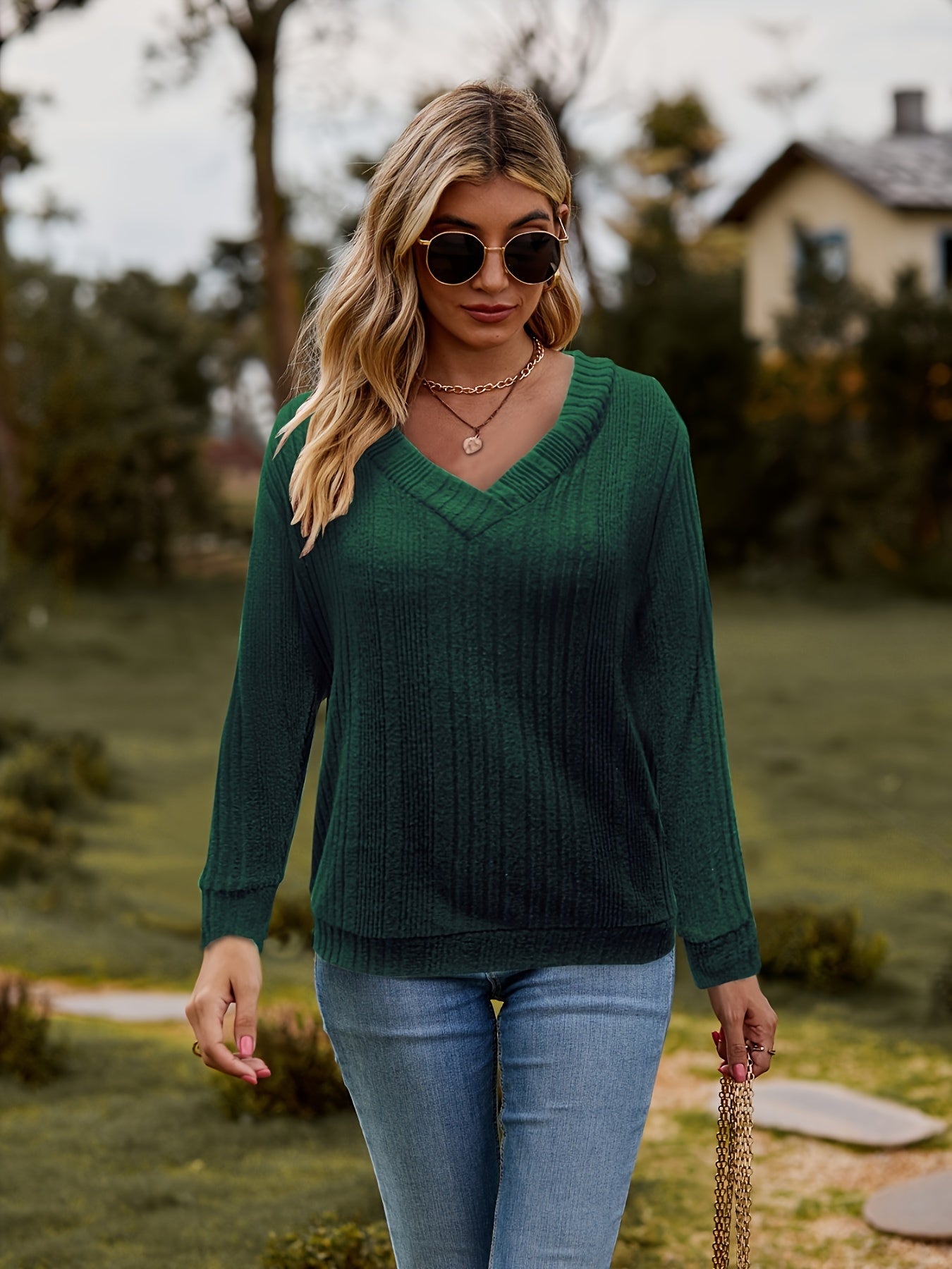  Casual Sweater Women's Solid V Neck Jumper
