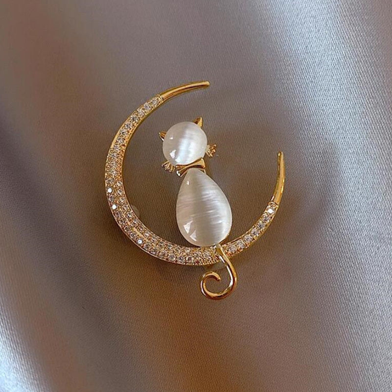 Cat Brooches Crystal Moon Stone Animal Pin