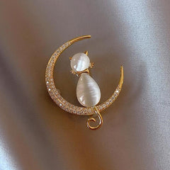 Cat Brooches Crystal Moon Stone Animal Pin