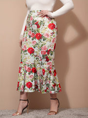  Floral Print High Rise Ruffle Trim Bodycon Mermaid Skirt