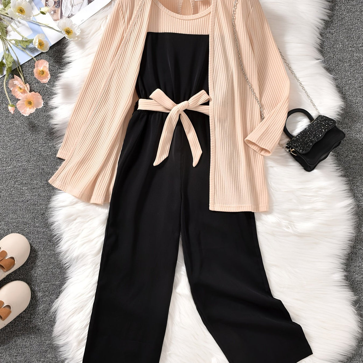 3pcs Girls Ribbed Cotton Solid Jumpsuit Apricot Jacket Sets