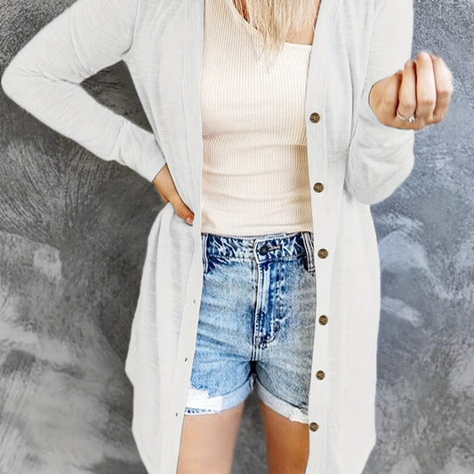  Solid Round Neck Button Up Cardigan