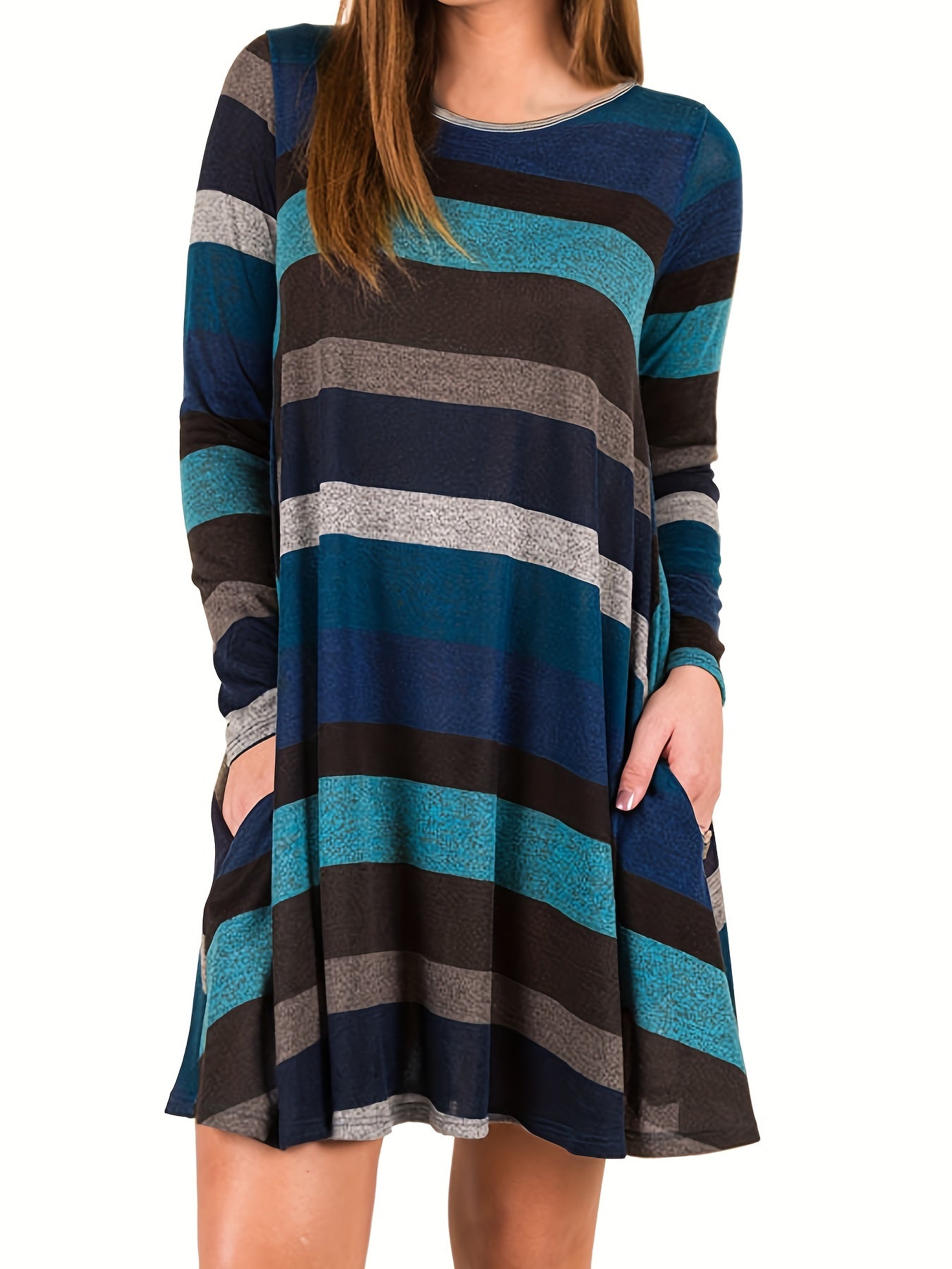  Colorblock Stripe Print Dress with Pockets