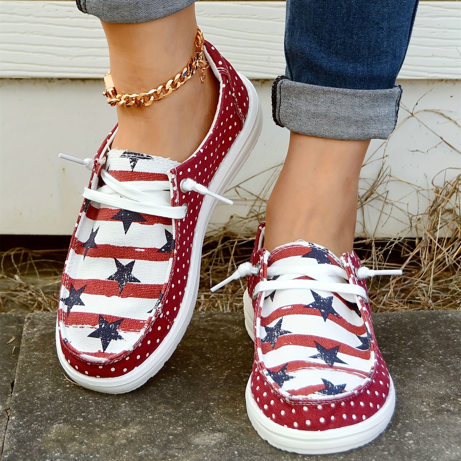 Polka Dot Canvas Shoes Star Pattern Low Top Lace Up Casual Shoes
