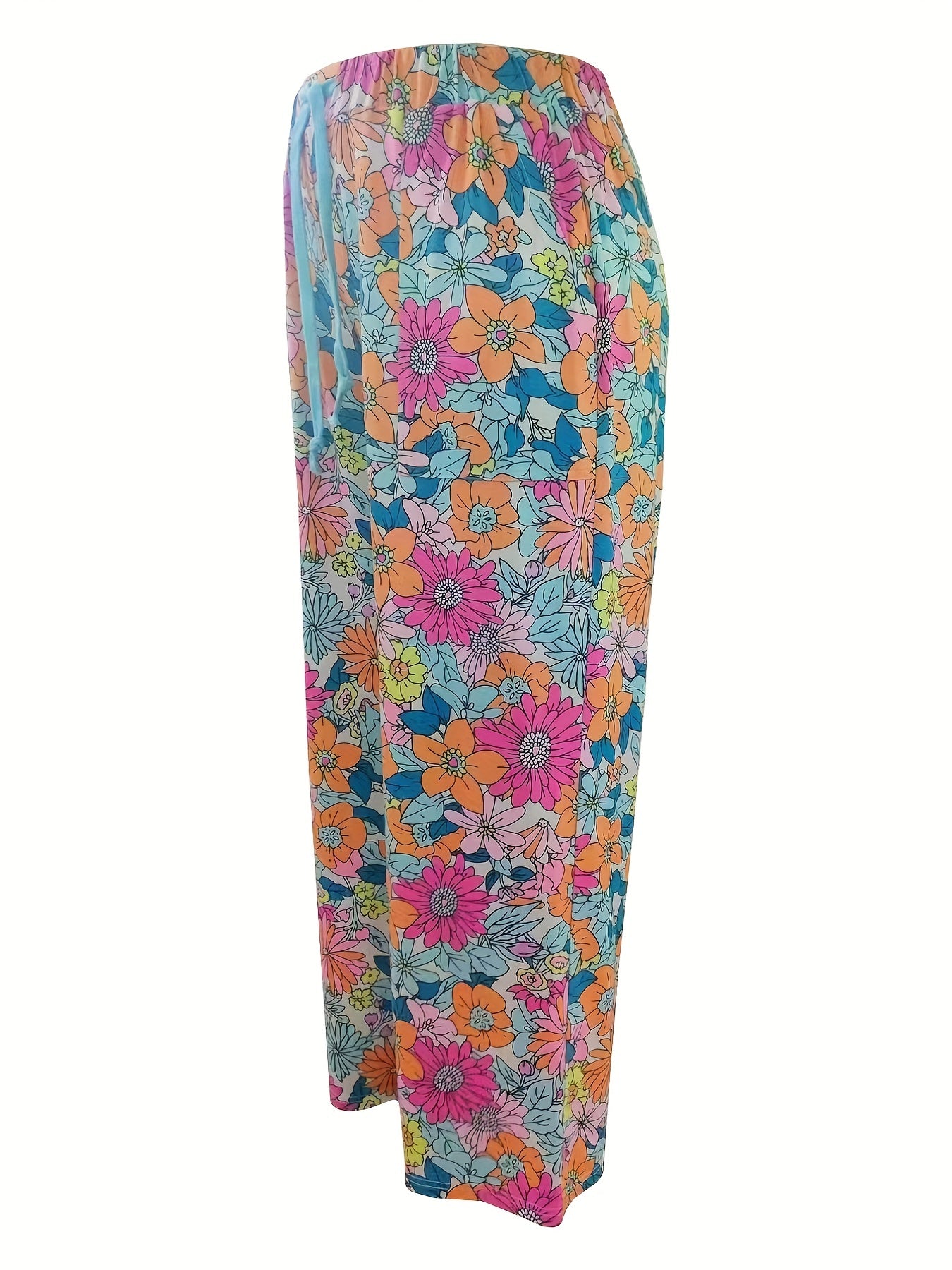  Boho Pants Women's Plus Floral Print Slight Stretch Wide Leg