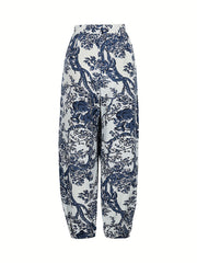  Floral Print Elastic Drawstring High Rise Slight Stretch Carrot Pants