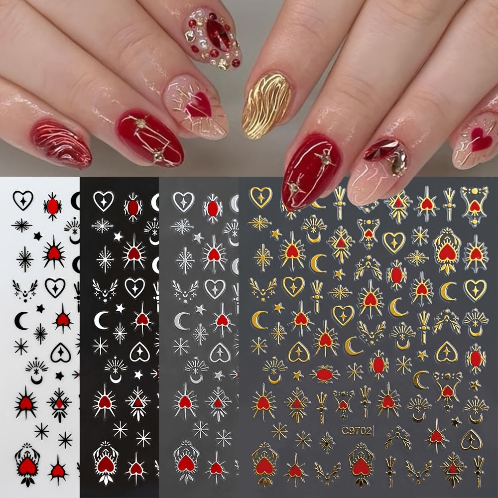 Bronzing Love Heart Star Moon Nail Stickers Geometric Line Nail Decals