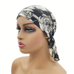 Flower Print Elastic Turban Cap Lightweight Head Scarf Women Ramadan Hijab