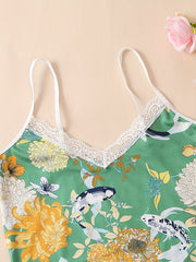 Floral Print Pajama Set V Neck Cami Top & Lace Trim Shorts