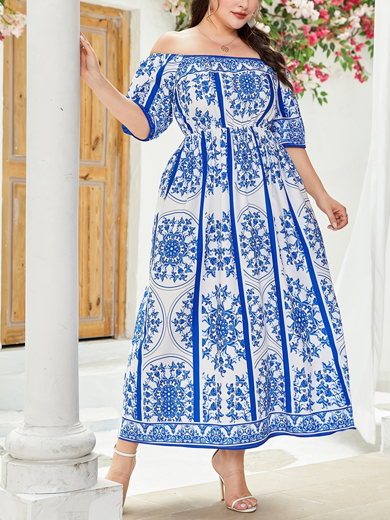  Boho Dress Off Shoulder Short Sleeve Maxi Dress