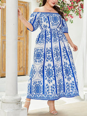  Boho Dress Off Shoulder Short Sleeve Maxi Dress