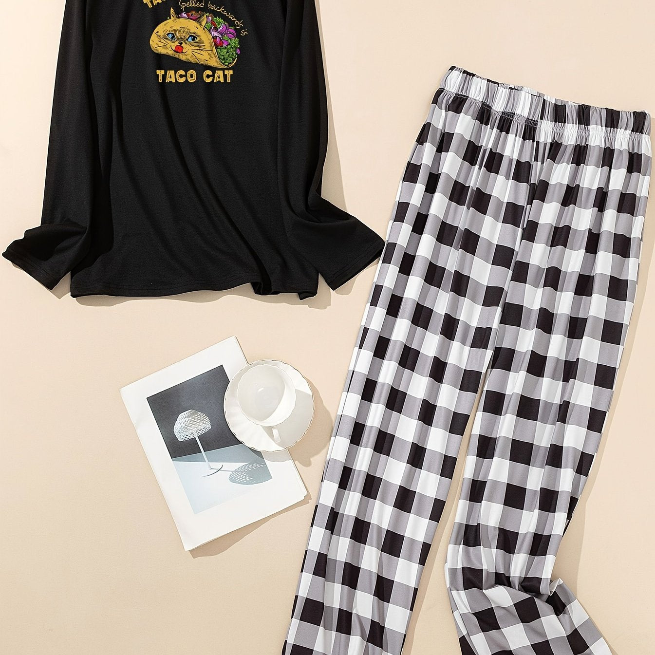  Cat Food Print Long Sleeve Tee & Plaid Pants Lounge Set