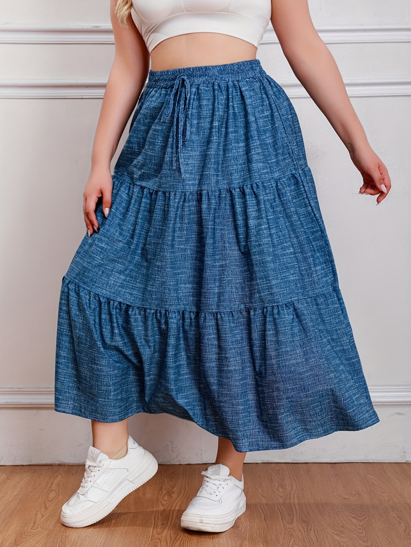  Denim Print Drawstring Elastic High Rise Maxi Skirt