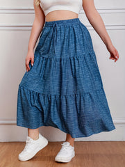  Denim Print Drawstring Elastic High Rise Maxi Skirt