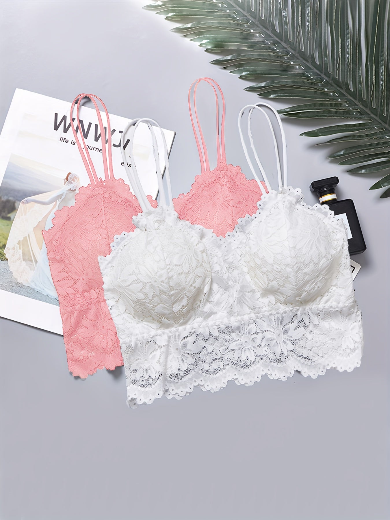 2pcs Lace Wireless Bras Comfy Scallop Trim Women's Lingerie