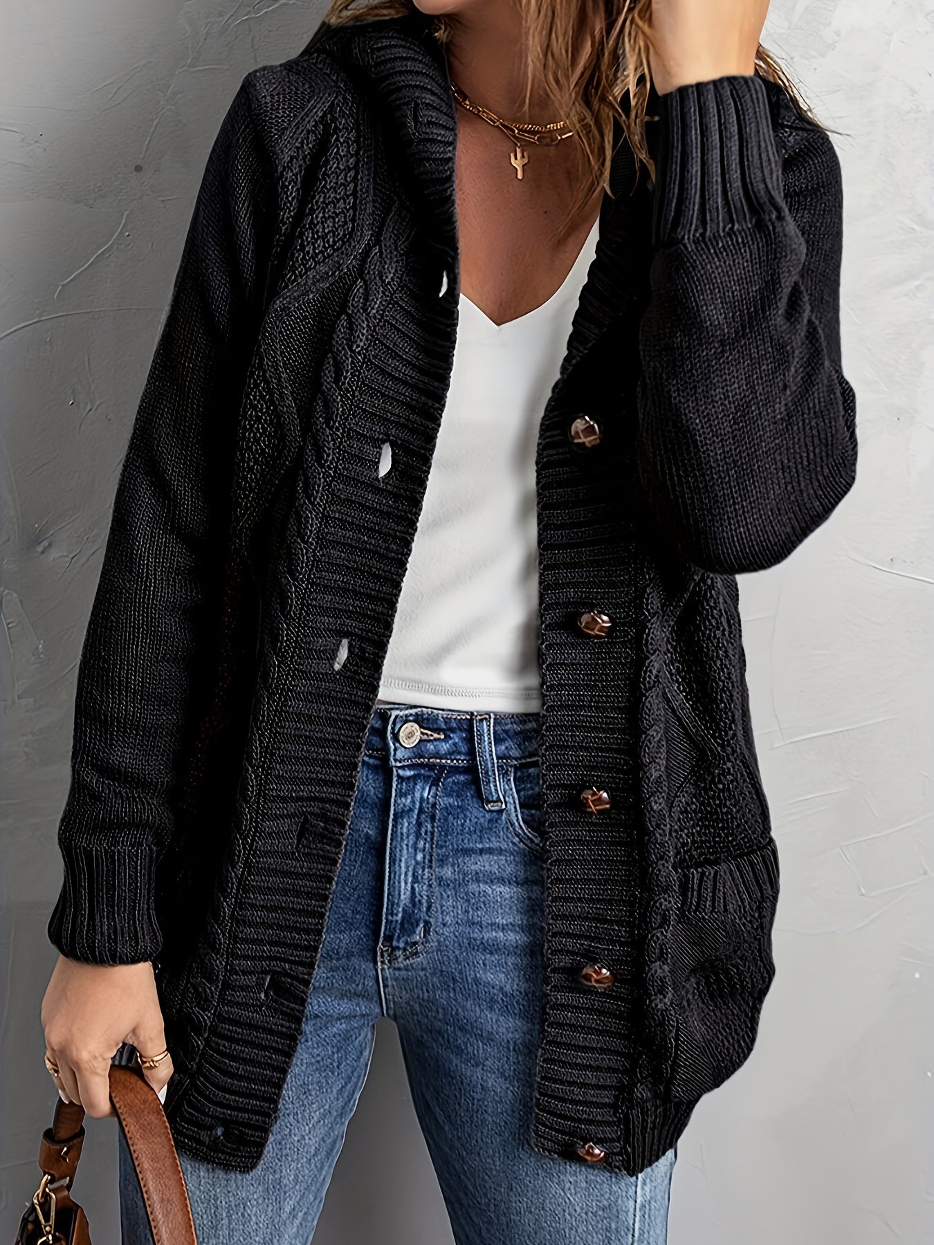  Cable Button Up Hooded Jumper