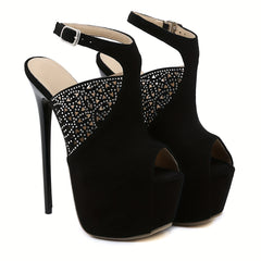 Women's Peep Toe Stiletto Heels Hollow Out Platform Shoes with Rhinestone Decor