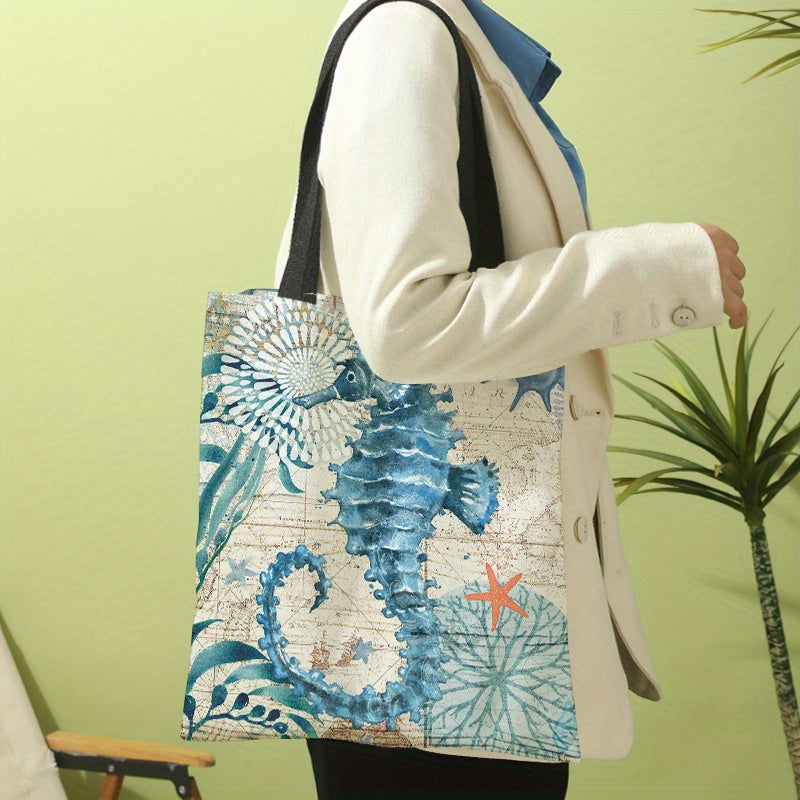 Seaweed Seahorse Pattern Canvas Tote Bag for Travel & Work