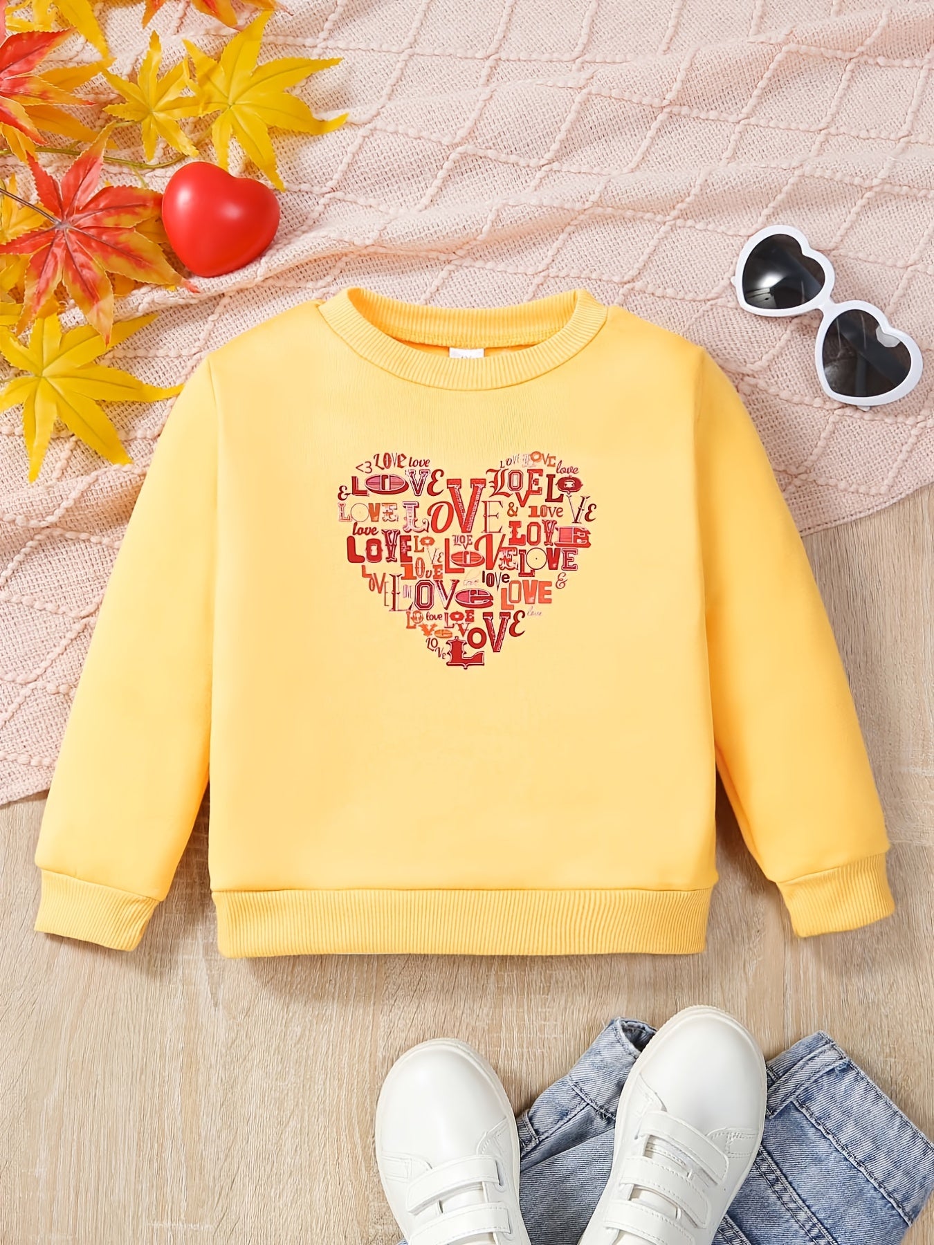 Girls' Creative Heart Graphic Sweatshirt Soft Comfy Long Sleeve Top