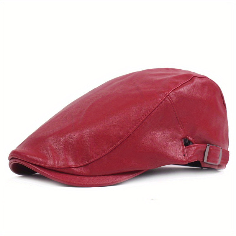 Retro PU Leather Adjustable Beret Duckbill Cap Solid Sun Hats Unisex