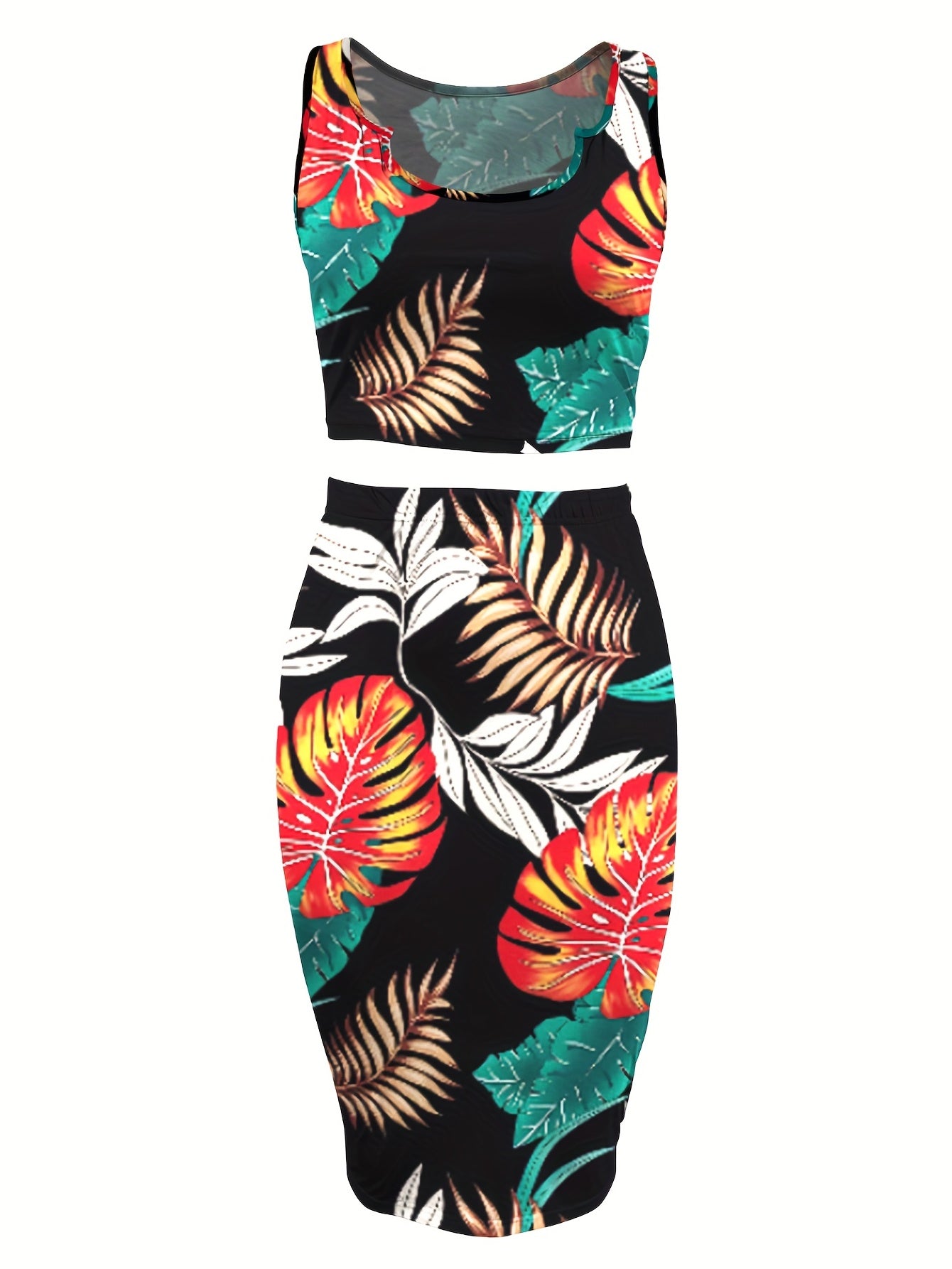 Tropical Print Sleeveless Two-piece Set & Skirt