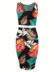 Tropical Print Sleeveless Two-piece Set & Skirt