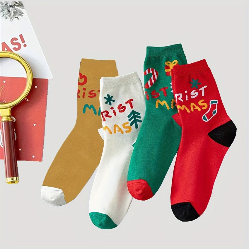 4 Pairs Christmas Letter Print Mid Tube Socks Women's Stockings & Hosiery