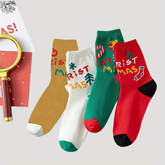 4 Pairs Christmas Letter Print Mid Tube Socks Women's Stockings & Hosiery
