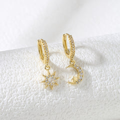 Sun & Moon Zircon Drop Hoop Earrings 18K Plated Ear Jewelry Gift
