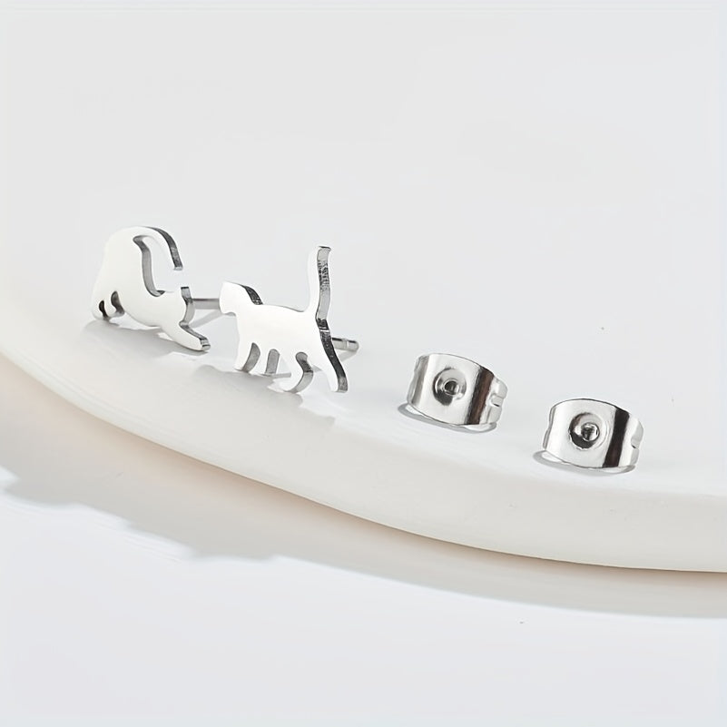 Small Stainless Steel Cat Stud Earrings For Men