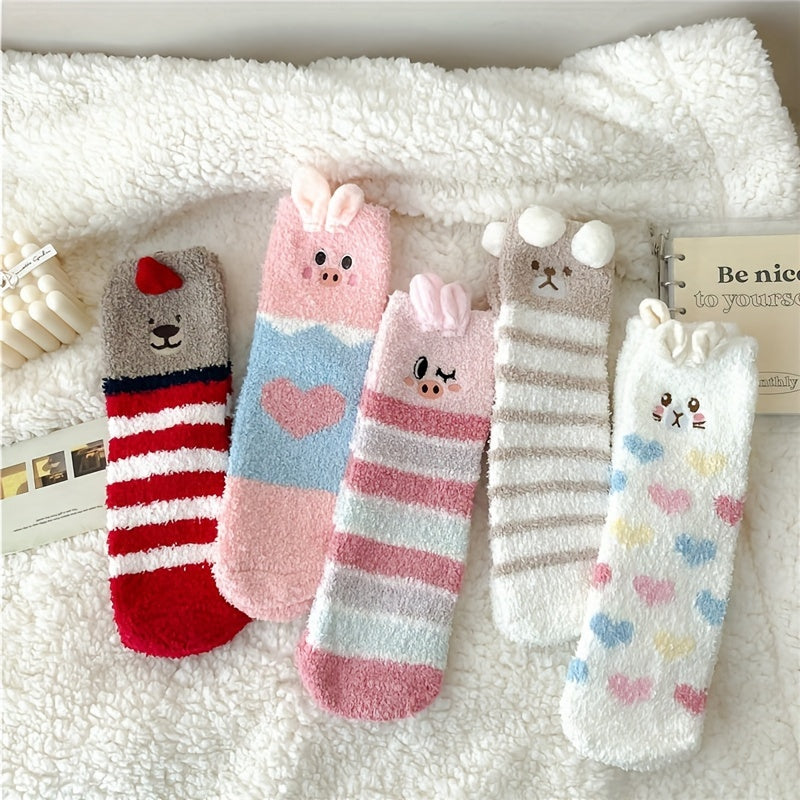 5 Pairs Animal Pattern Plush Socks Soft Mid Tube Women's Stockings