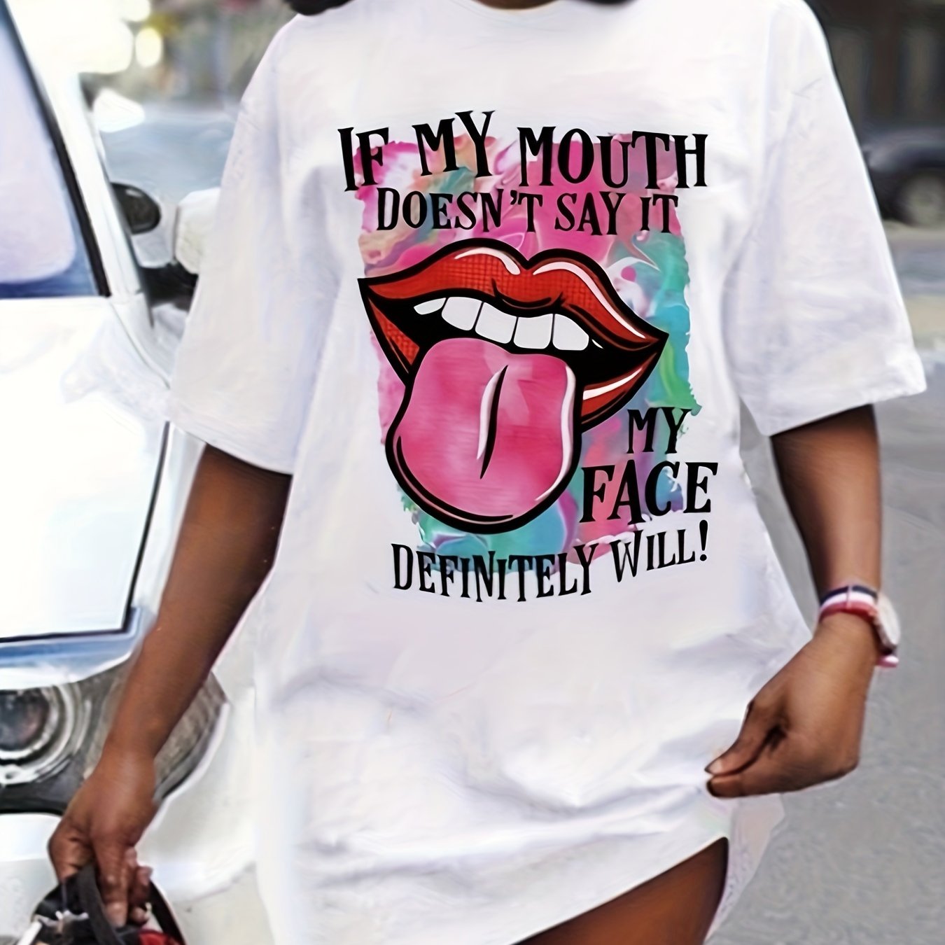  Casual Dress Women's Funny Mouth Printed Tee Dress