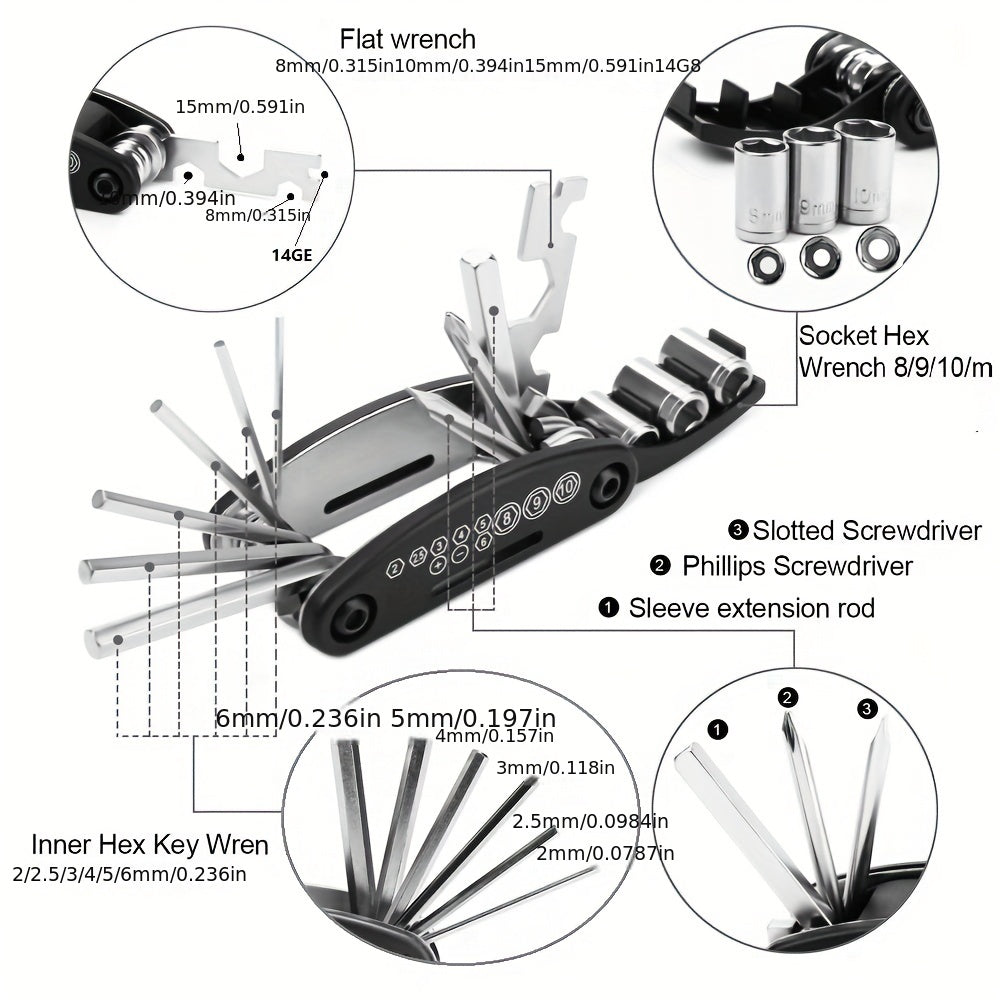 16-in-1 Bike Repair Tool Kit Set Multipurpose Wrench Screwdriver Maintenance