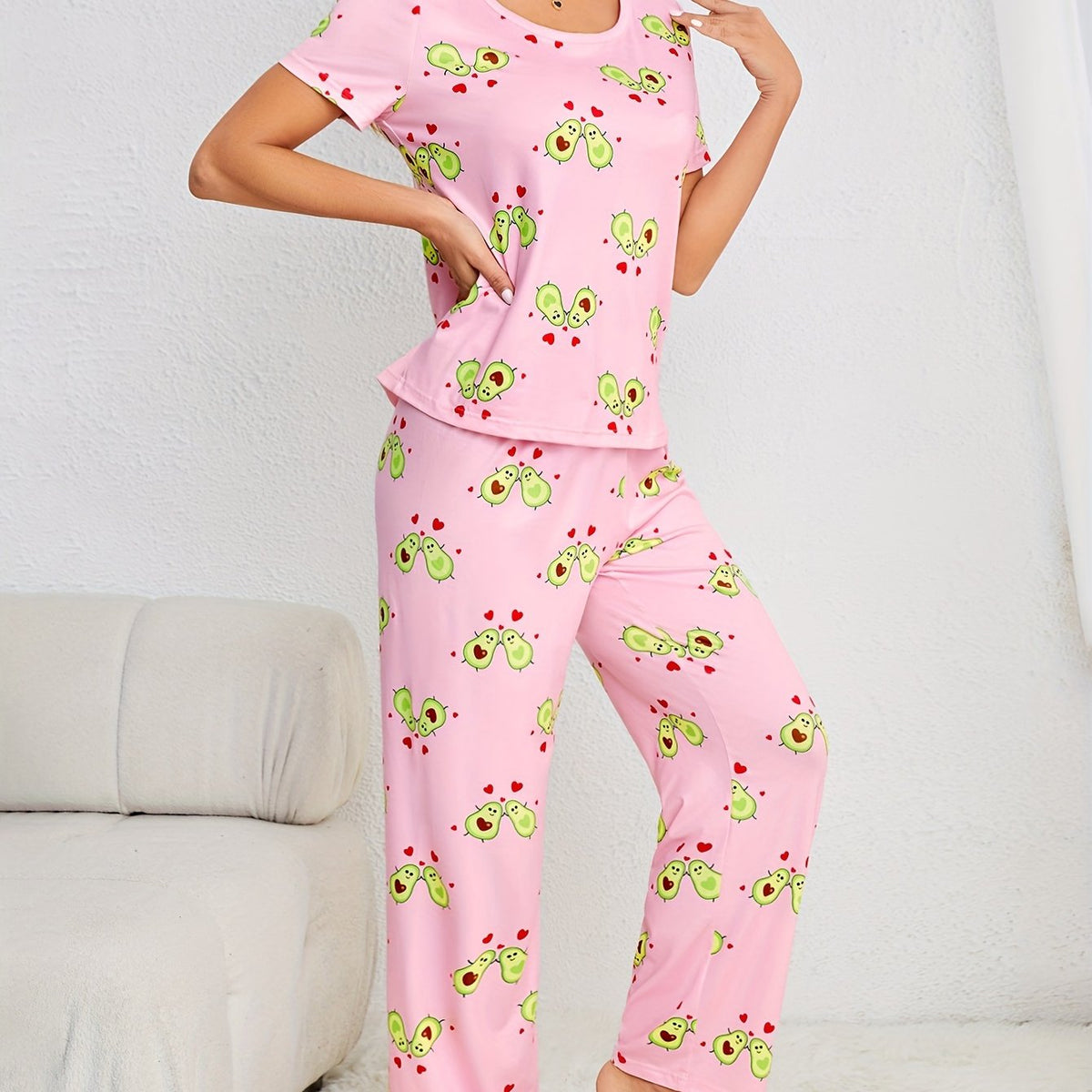 Avocado Print Pajama Set Short Sleeve Top & Pants Women's Sleepwear