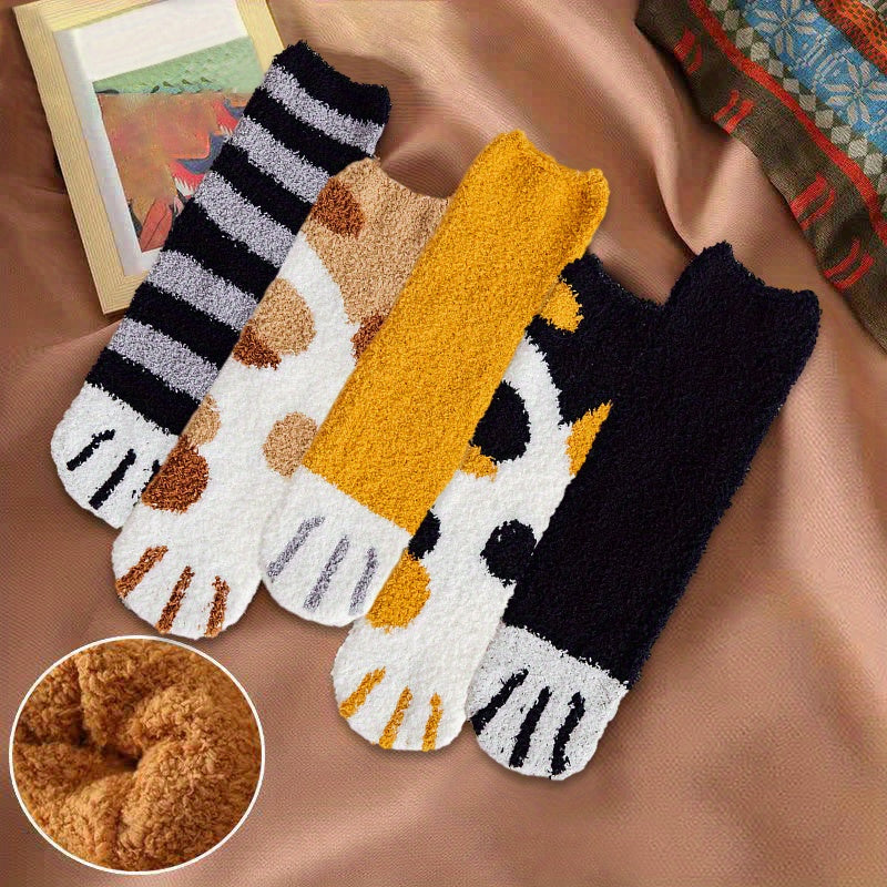 5 Pairs Cat Claw Print Socks Fuzzy Mid Tube Stockings Women's Hosiery