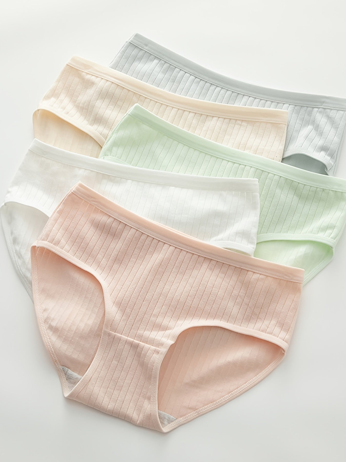 5pcs Ribbed Briefs Mid Rise Stretchy Intimates Panties Women's Lingerie