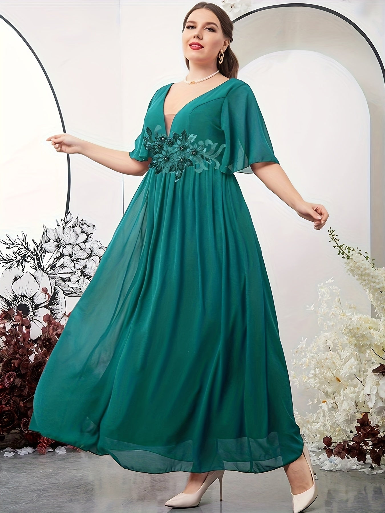  Floral Print Maxi Overlay Party Dress
