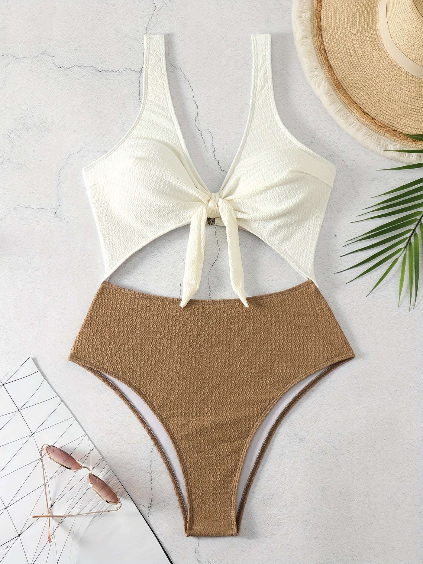  Textured Cut Out Knot Front One Piece Swimsuit