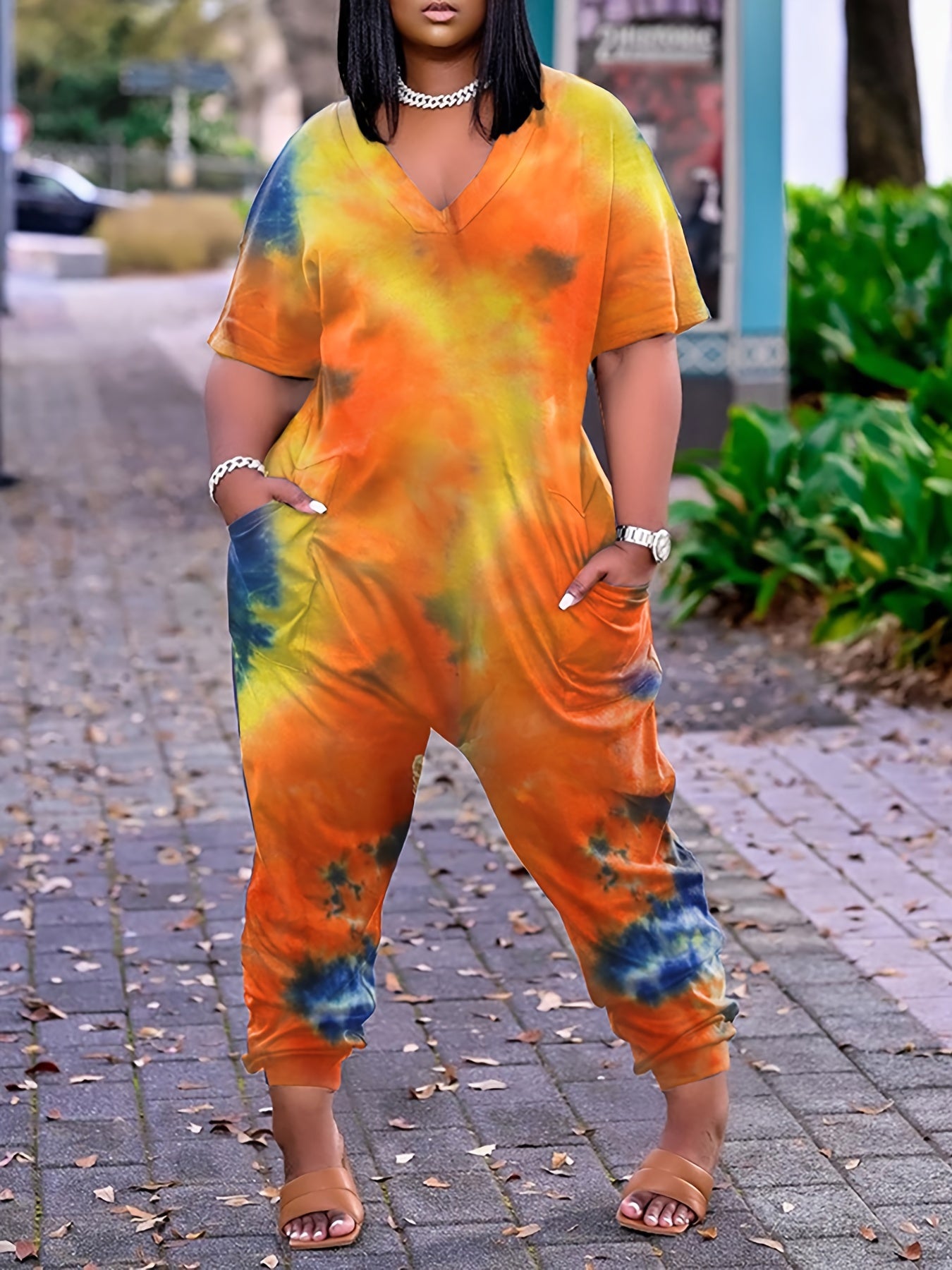  Tie Dye V Neck Jumpsuit with Pockets