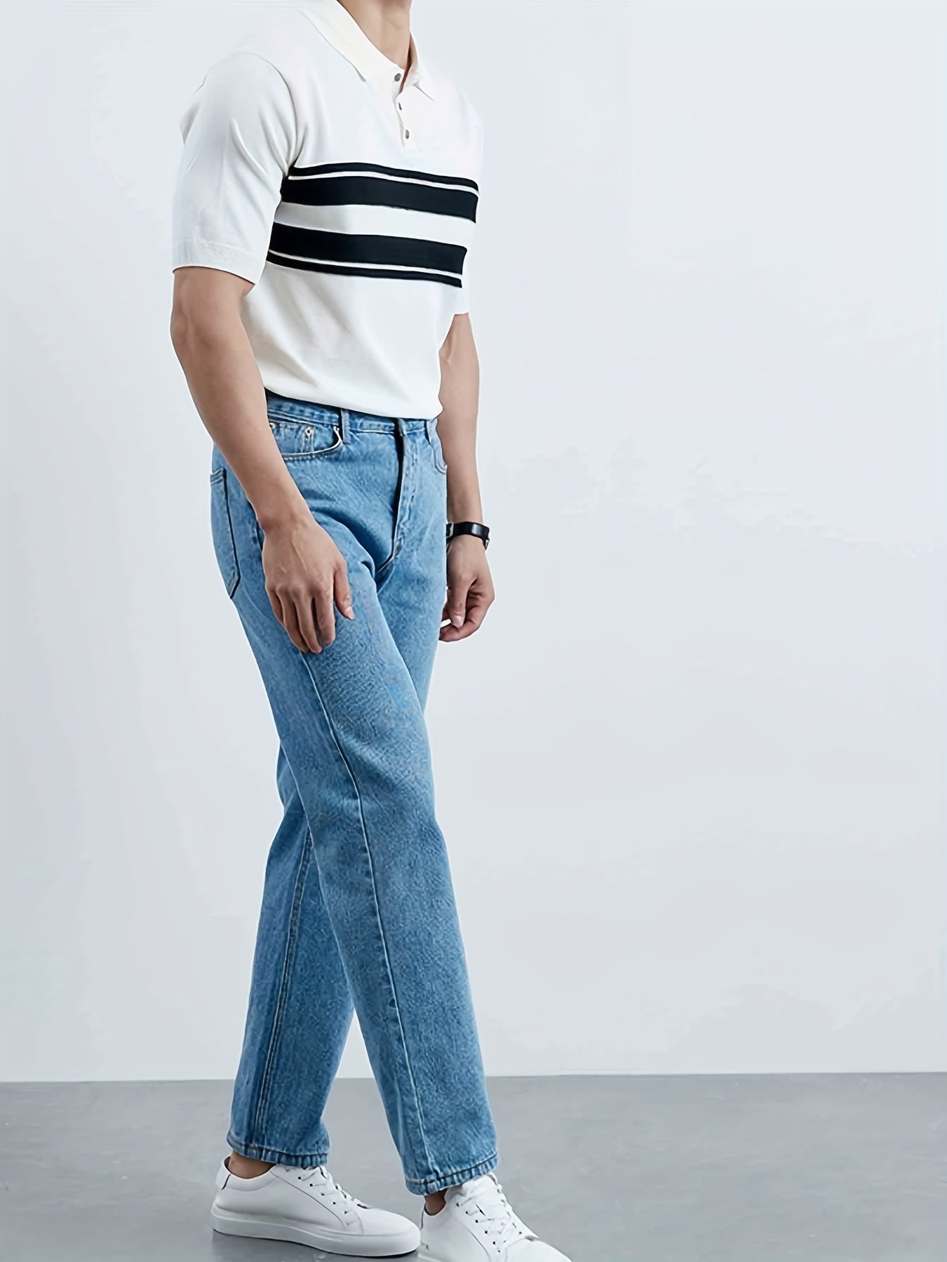 Striped Pattern Knit Short Sleeves Polo Shirt Men's Casual Lapel High Stretch