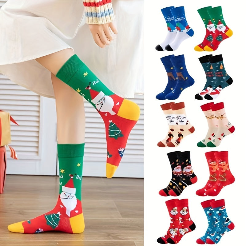 5 Pairs Christmas Print Socks Women's Mid Tube Stockings & Hosiery