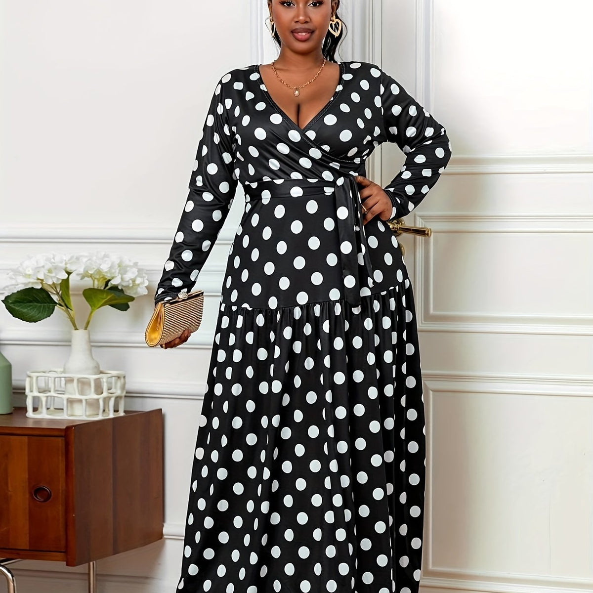  Polka Dot Long Sleeve Maxi Dress With Belt