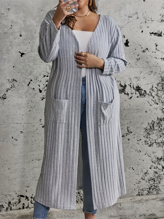  Solid Ribbed Long Sleeve Open Front Cardigan With Pockets