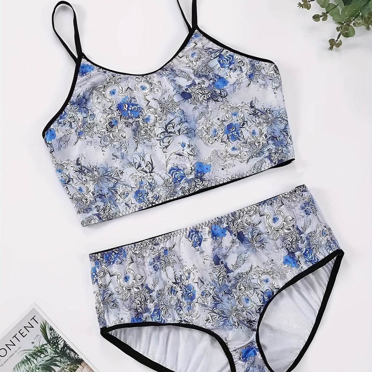 Plus Size Chinoiserie Print Underwear Set