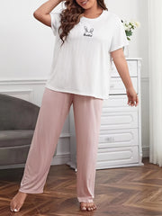  Striped & Bunny Print Pajama Set Short Sleeve Crew Neck Top & Pants
