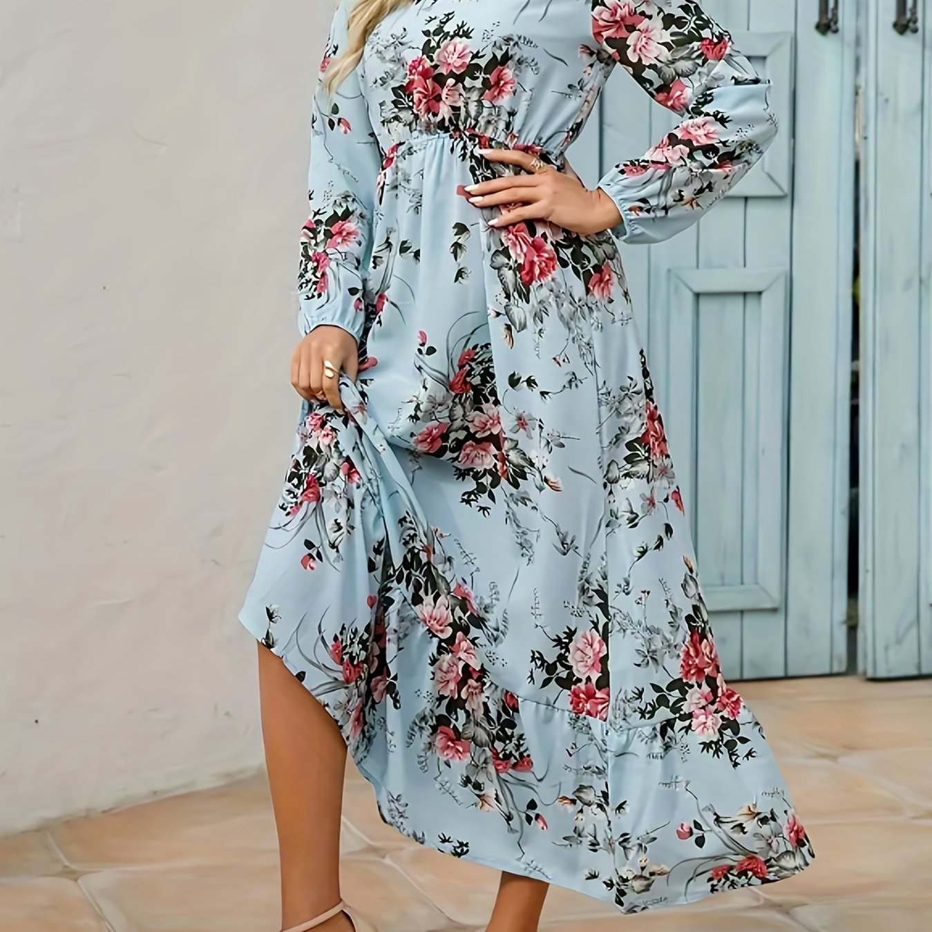  Floral Print Long Sleeve Maxi Dress