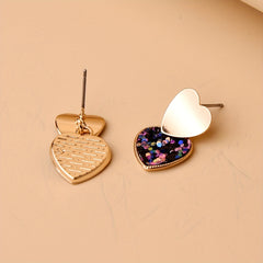 Double Heart Sequins Dangle Earrings 14K Plated Jewelry