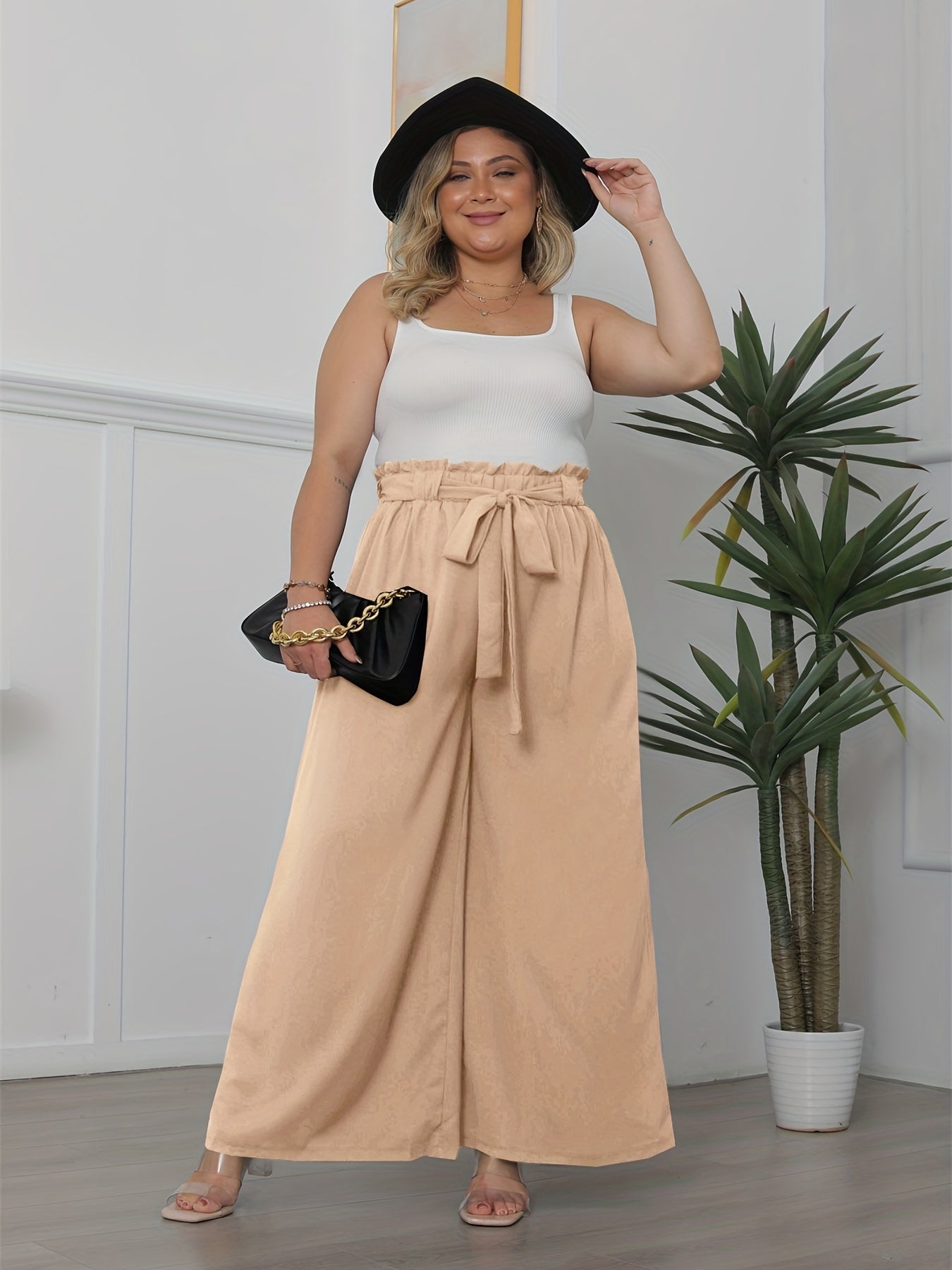 Plus Solid Ruffle Trim Elastic High Rise Wide Leg Trousers